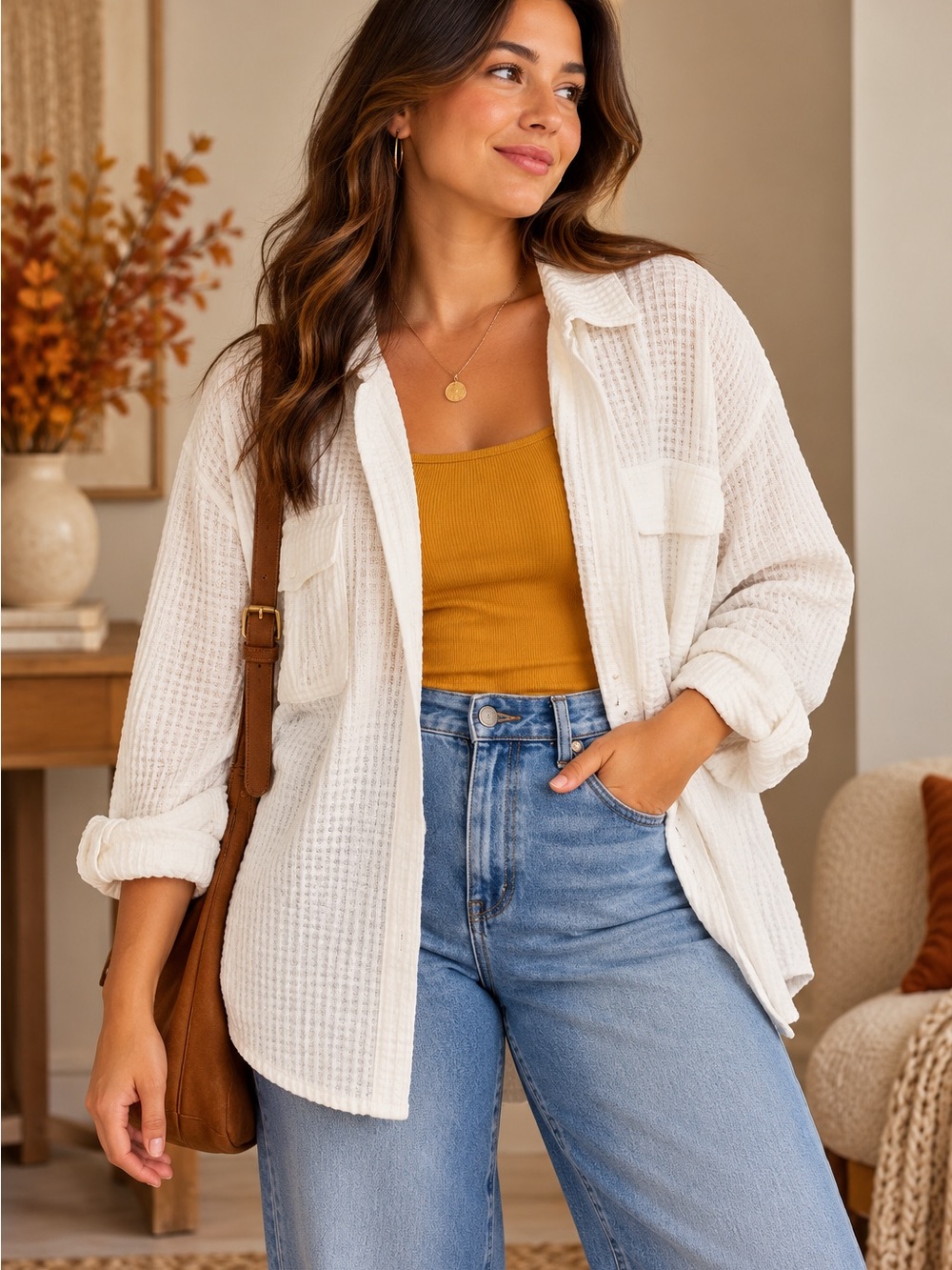White Waffle-Texture Fall Shirt Jacket